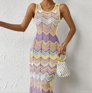 Chevron Pattern Pointelle Knit Sweater Dress